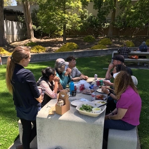 Cal Poly faculty meet for lunch outside of the FLC sessions to discuss their course redesigns and sustainable operations on campus.