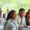 Mandela Washington Fellows gather for an opening reception on Uris Terrace.
