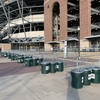Recycling containers installed for football game day events outside Kyle Field Gates